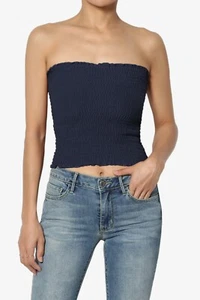 TheMogan Strapless Smocked Crop Tube Top Solid Leopard Stretch Bustier S~3X - Picture 1 of 218