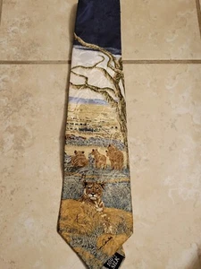 Vintage Wildebeest Migration Endangered Species Silk Tie Lion Safari - Picture 1 of 6