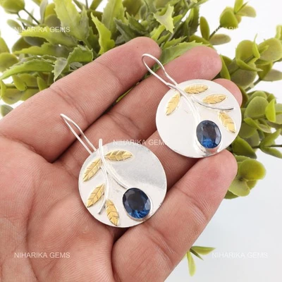 925 Argento Sterling Londra Topazio Blu Gemma Gancio Fatto Orecchini Pendenti - Immagine 1 di 4