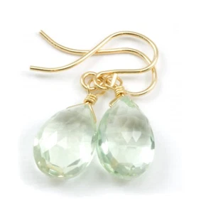 Prasiolite Green Amethyst Earrings Facet Pear Teardrops Soft Dangle 14k Sterling - Picture 1 of 8