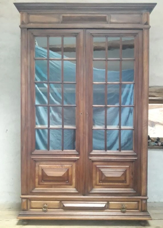 Vitrine bibliothèque H234 noyer fin XIX°, tiroir, portes vitrées petits carreaux - Photo 1/4