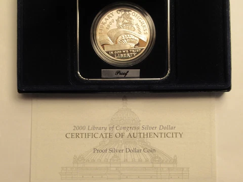 2000 US Mint Library of Congress Proof Silver Dollar, US mint packaging- COA Cover