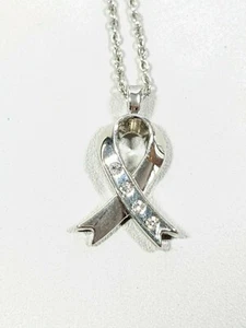 Silver Tone Awareness Ribbon Crystal Pendant Necklace 18 inch Chain - Picture 1 of 11