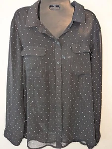 Old Navy Women's Large L Sheer Button Up Black White Dots Long Fitted Sleeve - Picture 1 of 2