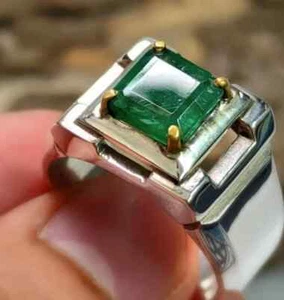 Natural Green Emerald Ring for Men in Sterling Silver Handmade Statement Gift - Picture 1 of 4