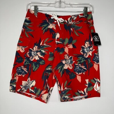 NWT Volcom Boys Red Floral Stretch Drawstring Beach Swim Board Shorts Size 24 - Image 1 of 4