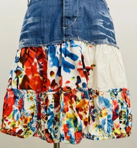 Desigual Floral Denim Layer Short Skirt Size 42 (12) Party Casual 80s look - Picture 1 of 14
