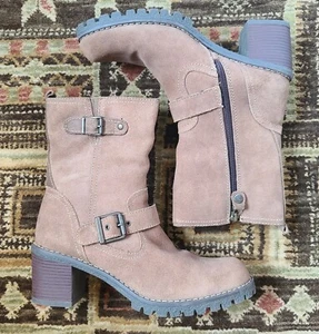 Bussola Reikiavik Tan Suede Mid Heel Moto Biker Buckle Boots Sz 41 EU / 9.5 US - Picture 1 of 15