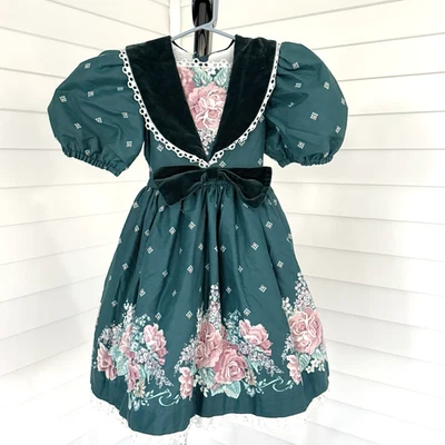 Vestido Vintage Daisy Kingdom Navidad Verde Rosa Floral Cuello Encaje 11049 EE. UU. Talla 4 Foto 1 de 4