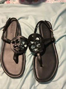 Coach Jaci Logo T-strap Flat Sandals Slingback Women's Size 7.5 Black Leather - Picture 1 of 11