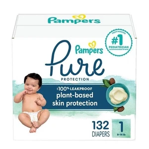 Pampers Pure Protection Size 1 Diapers -132 Pieces 8-14 Lbs, Plant Based Diapers - Picture 1 of 2