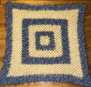 Handmade Crochet Blanket Throw Afghan Blue White Textured Yarn Cottage Core Boho - Picture 1 of 7