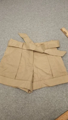 Pantalones Cortos Diane von Furstenberg Mujer 2 Beige Tostado Seda Cinturón Tiro Alto Bolsillo Lino Foto 1 de 4