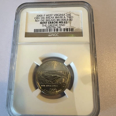 2005 P WEST VIRGINIA 25C OBVDUE BREAK @4:00& TWO REV DIE BREAKS @6:00&8:00 MS 65 - Image 1 of 4