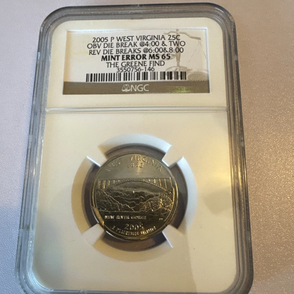 2005 P WEST VIRGINIA 25C OBVDUE BREAK @4:00& TWO REV DIE BREAKS @6:00&8:00 MS 65 - Image 1 of 4