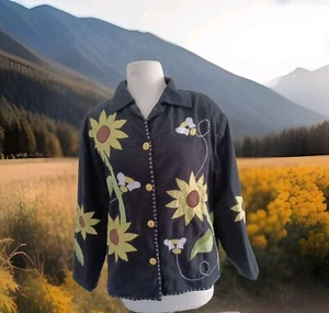 Moka  Jacket Bright Yellow Sunflowers Black Women's Size Medium - Picture 1 of 11