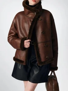 Women's Brown Shearling Real Leather Jacket Fur Coat Aviator Flight Sheepskin - Picture 1 of 6