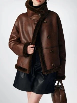 Jaqueta de couro feminina marrom shearling casaco de pele aviador voo pele de carneiro - Imagem 1 de 4