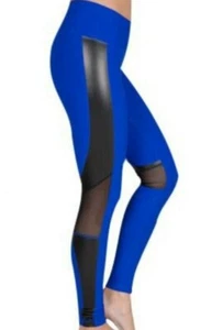 90 Degree by Reflex High Waisted Faux Leather Stripes Leggings Royal Blue - Picture 1 of 4