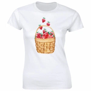 Fresh Strawberries Basket Image T-Shirt for Women Fruit Lover Tee - Picture 1 of 2