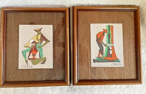 Virgillio Nabais set di dipinti di arte popolare in lino con cornice anni 50 - Foto 1 di 9
