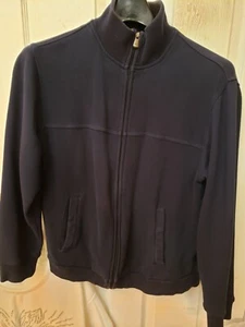 Medium navy blue men's sweatshirt jacket, zippered shacket with pockets - Picture 1 of 8