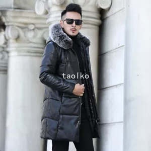 Men Down Jacket Faux Leather Hooded Fox Fur Collar Mid Long Coat Overcoat Zipper - Picture 1 of 17