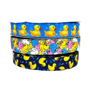 Yellow duck colorful ducks bubbles grosgrain ribbon  7/8" rubber ducky Navy Blue - Picture 1 of 16