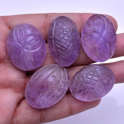 5 Pcs Natural Amethyst 32mm-35mm Untreated Hand Carving Sparkling Gemstones Lot - Image 1 of 4