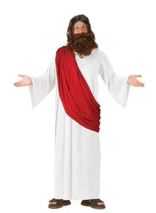 Adults Jesus Fancy Dress Costume Red & White Nativity Dress Up Robes Wig & Beard - Picture 1 of 4