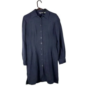 Vintage AKA Eddie Bauer 100% Silk 8 Navy Blue Long Sleeved Button Up Shirt Dress - Picture 1 of 10