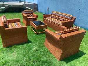Handmade Ghanaian 7 Piece Cane Wicker Rattan Patio Furniture Sets Sectional Sofa - Picture 1 of 3