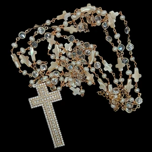 White Pearl Carved Shell Crucifix Necklace Cubic Zirconia Pave Crucifix Pendant - Picture 1 of 8