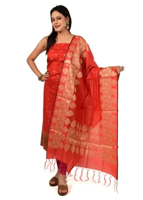 Banarasi Cotton Silk Dress Material Woven Salwar Kameez Dupatta Suit Set Red - Image 1 of 4