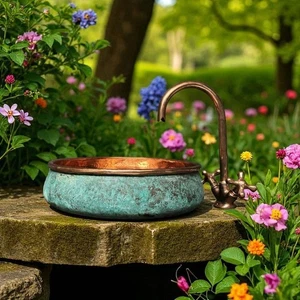 Lavello vaso rame ossidato: lavabo rustico casale patina verde - Foto 1 di 5