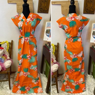 Waltah Clarke (?) “Kamaile” Vintage Hawaiian Shops Maxi Dress Orange 70s SMALL - Image 1 of 4