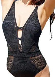 CHARMO one piece swimsuit MEDIUM black crocheted lined in strategic places NWT - Picture 1 of 10