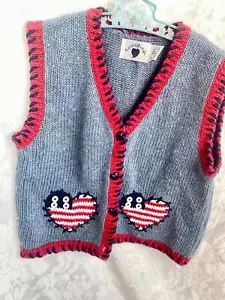 Vintage Blue Knitted Sweater Vest Heart American Flag Accents 4th of July 6X - Picture 1 of 5