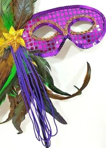 Blue Purple Green Feathered Mardi Gras Delux Hand Held Mask W/Embellishments NEW - Picture 1 of 9
