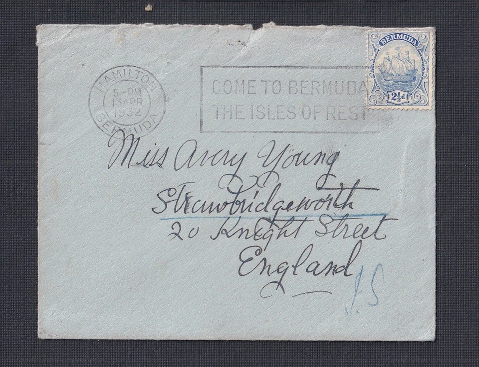 BERMUDAS 1932 2&1/2D CARABELA EDICIÓN CUBIERTA HAMILTON ESLOGAN TURÍSTICO CANCELAR A REINO UNIDO Foto 1 de 1