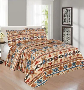 Rustic Western Southwestern Native American Tribal Navajo Design Bedspread Quilt - Picture 1 of 8
