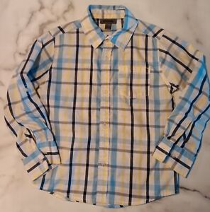DKNY Boys Button Front Shirt Green White Plaid Long Sleeve Pocket Cotton Size 4