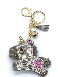 Bling Einhorn Diamant Damen Schlüsselanhänger Glitzer grau Quaste Charm Zubehör - Bild 1 von 9