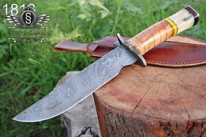 Custom Handmade Damascus Steel Hunting Bowie Knife With Premium Leather Cover, - Bild 1 von 5