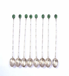 8 Chinese Jade Jadeite Carved Sterling Silver Ice Tea Spoon Marked - Picture 1 of 9