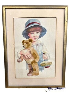 Vtg Jan Hagara Framed Crewel Needlepoint Boy W/ Toy Bear Titled Jimmy 12.5 x 17 - Picture 1 of 12