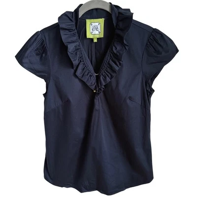 Blusa Elizabeth McKay Negra Volantes Talla 4 Algodón Elastizada Silenciosa Lujo Dinero Antiguo Foto 1 de 4