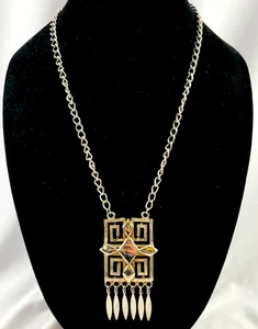 Vintage LISNER Silver Tone Dangle Greek Key Design Pendant Necklace 1960's - Picture 1 of 6