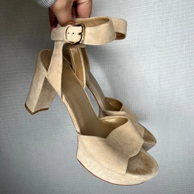 Stuart Weitzman Suede Platform Ankle Strap Block Heel Sandals Beige Size 10M - Image 1 of 4
