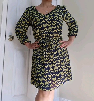 BeBop Large Navy Blue Yellow Chevron Print Mini Dress 3/4 Long Sleeve Fit Flare - Image 1 of 4